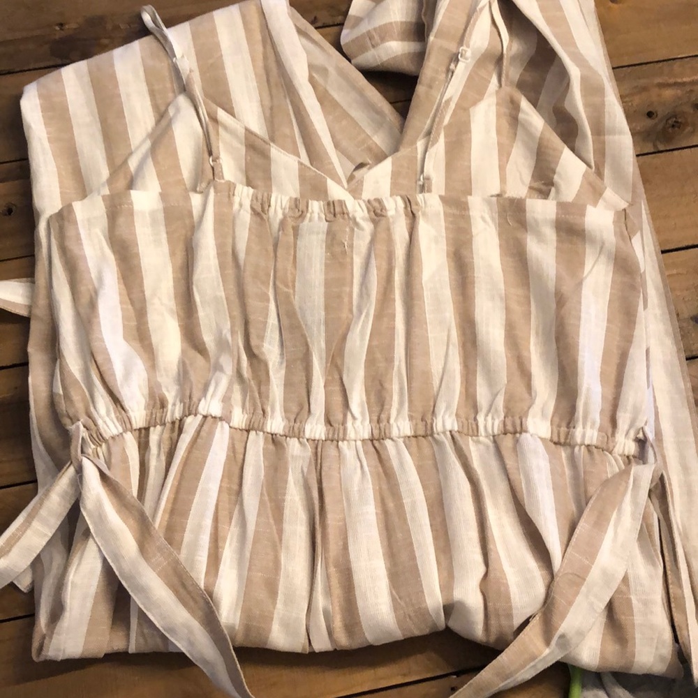 Kenzie Striped Beige + White Striped Linen Romper - Picture 4 of 5